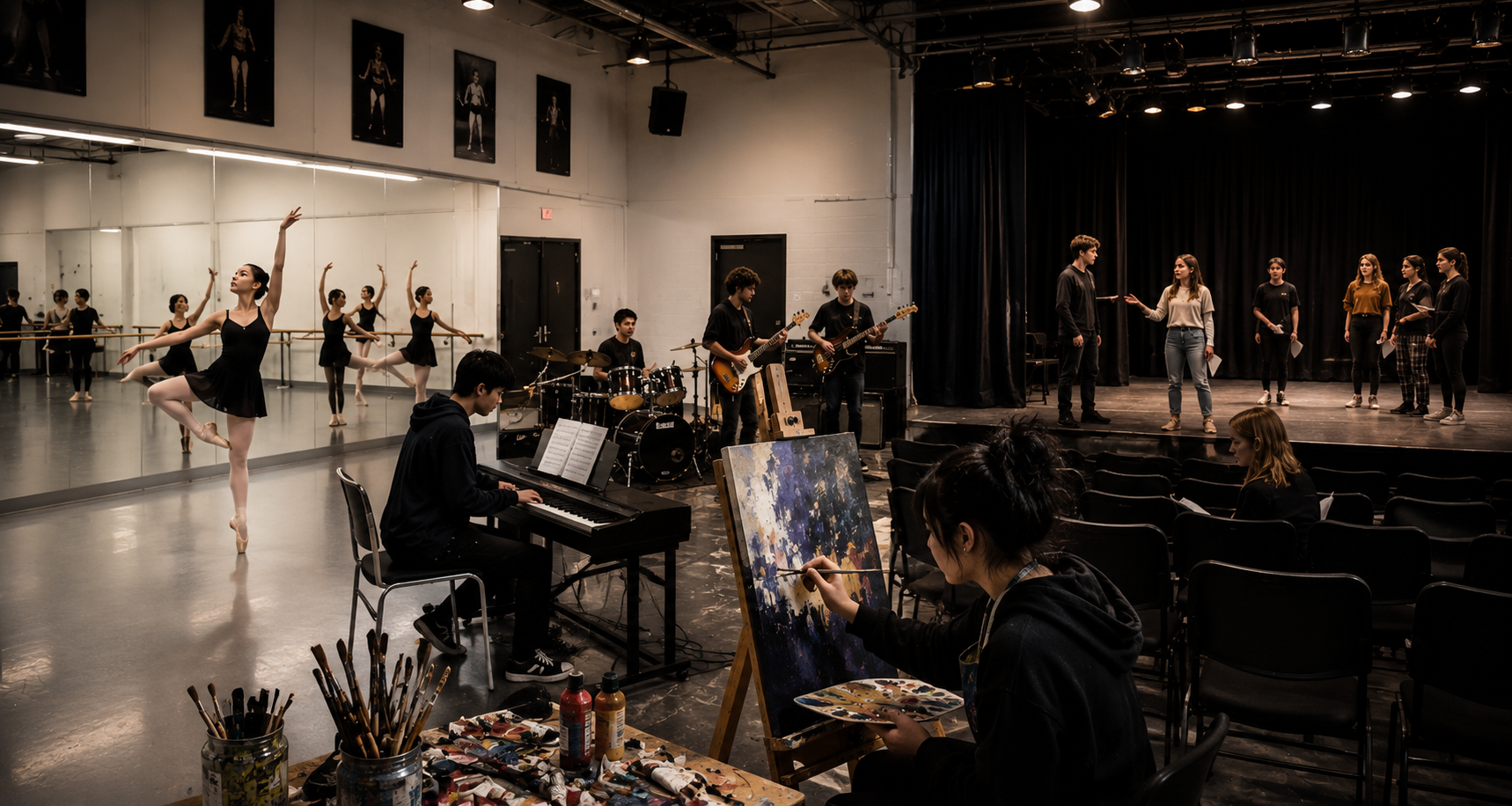 Estudiantes de District Arts Academy en clases de danza, música, teatro y artes visuales